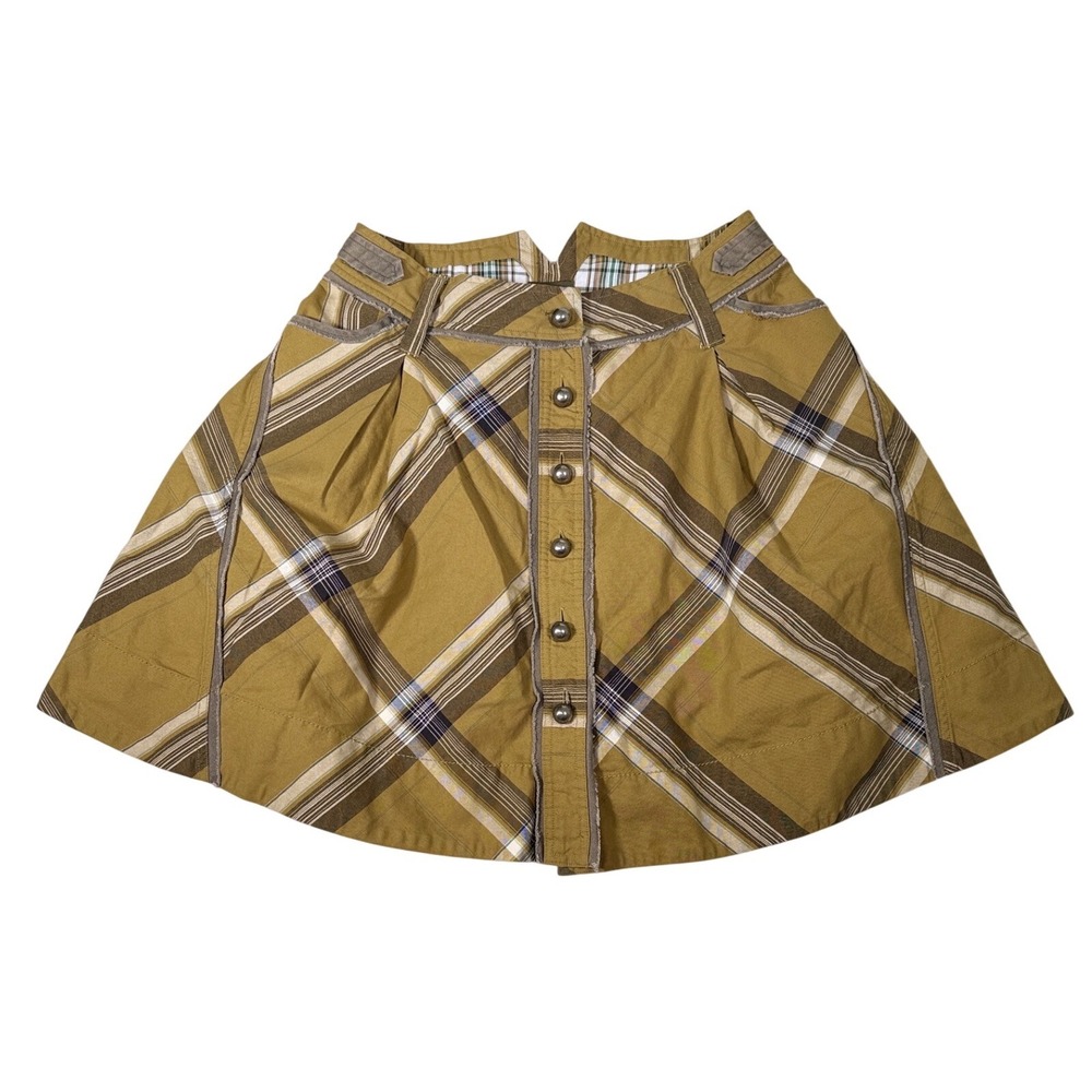 Fei Anthropologie Plaid Mini Skirt Mustard Yellow Brown Button Front Raw Edge 6